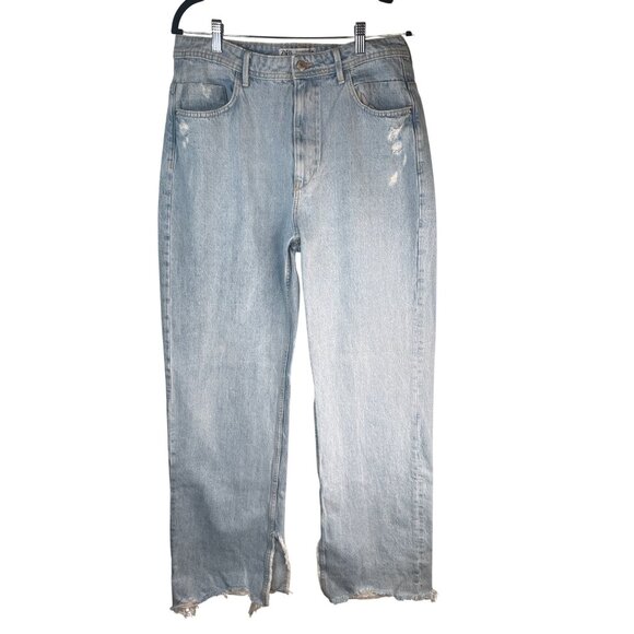 2/$30 Zara Size 12 Womens Light Blue Distressed High-Waisted Straight Leg Jeans - Picture 1 of 16